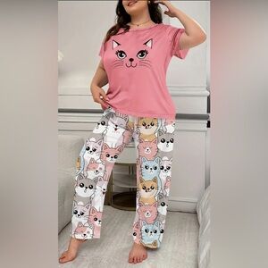Pink Cat Print Pajama Set